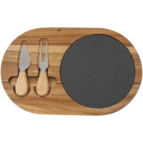 Acacia Wood/Slate Oval Cheese Set with Two Tools