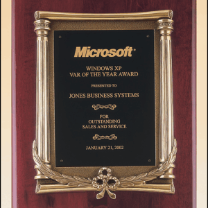 Rosewood stained piano finish plaque with an antique bronze finished frame casting and black brass engraving plate.